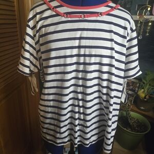 Bon Worth Navy and White Striped Blouse with Pink Accents